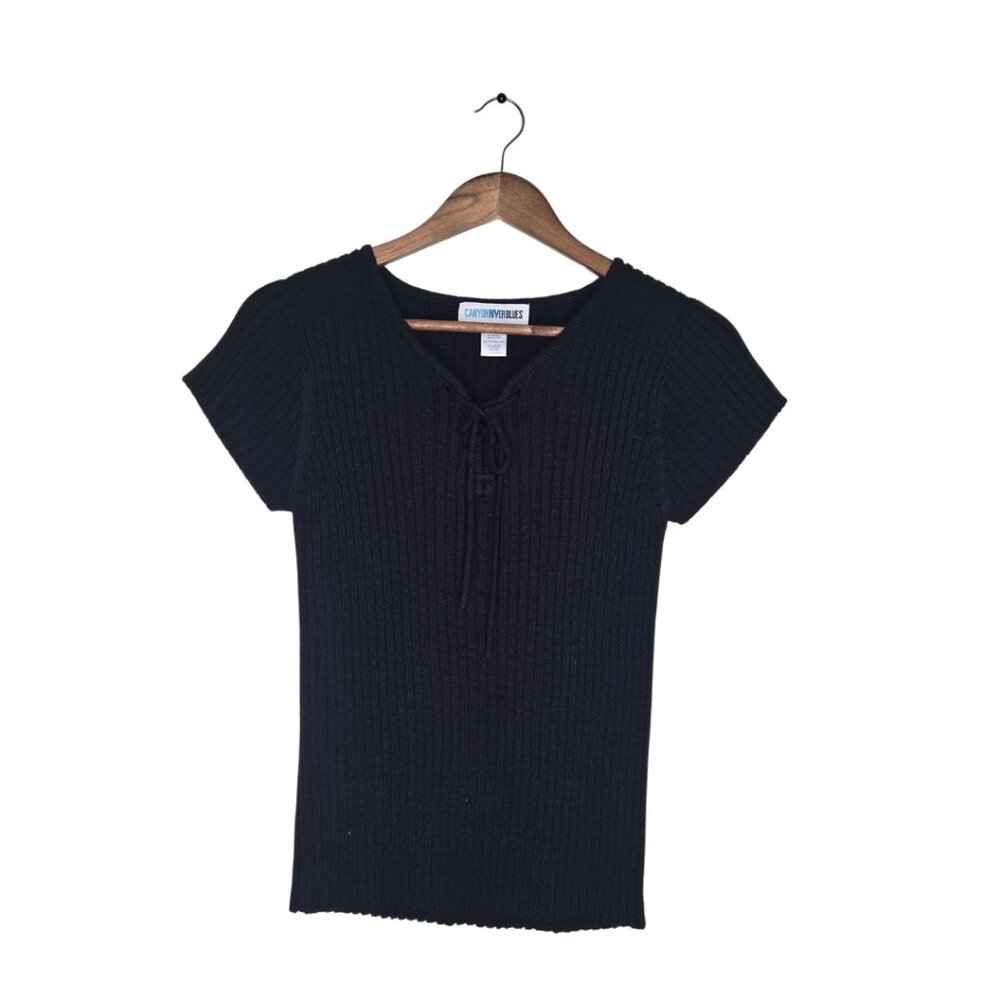 Black Ribbed Knit Short Sleeve Sweater Top